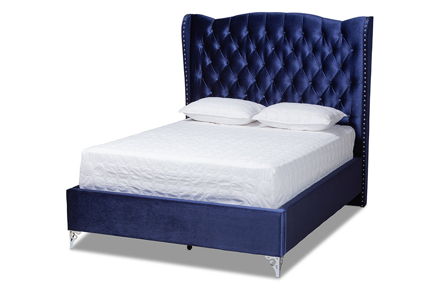 baxton studio hanne glam and luxe purple blue velvet fabric upholstered king size wingback bed | Modish Furniture Store-2