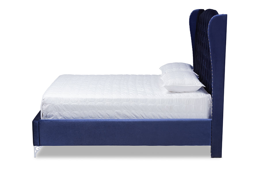 baxton studio hanne glam and luxe purple blue velvet fabric upholstered king size wingback bed | Modish Furniture Store-3