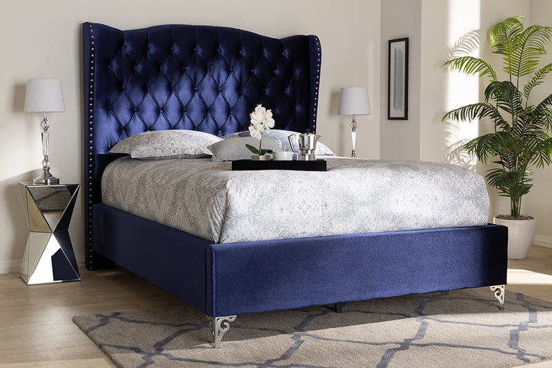 Baxton Studio Hanne Glam and Luxe Purple Blue Velvet Fabric Upholstered King Size Wingback Bed | Modishstore | Beds
