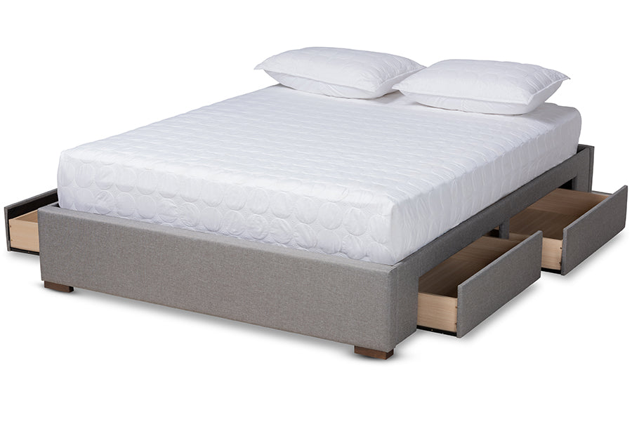 baxton studio leni modern and contemporary light grey fabric upholstered 4 drawer queen size platform storage bed frame | Modish Furniture Store-3