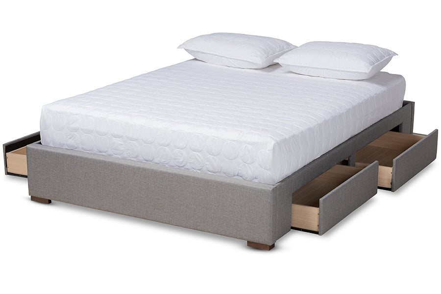 baxton studio leni modern and contemporary light grey fabric upholstered 4 drawer king size platform storage bed frame | Modish Furniture Store-3