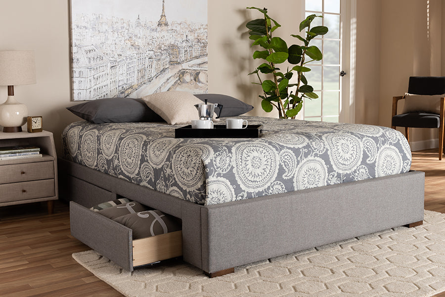 Baxton Studio Leni Modern and Contemporary Light Grey Fabric Upholstered 4-Drawer King Size Platform Storage Bed Frame | Modishstore | Beds