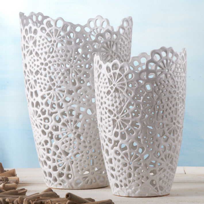 Two's Company S/2 Ceramic Cutwork Vases - Set of 2