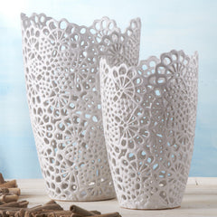 Two's Company White Ceramic Cutwork Vases - Set of 2