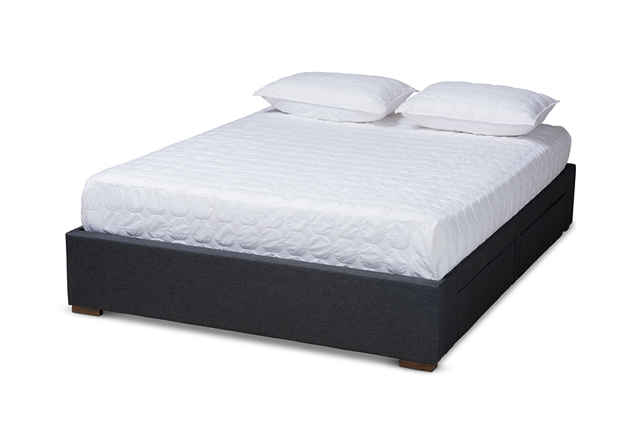 baxton studio leni modern and contemporary dark grey fabric upholstered 4 drawer queen size platform storage bed frame | Modish Furniture Store-2