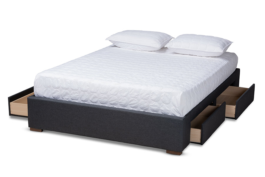 baxton studio leni modern and contemporary dark grey fabric upholstered 4 drawer queen size platform storage bed frame | Modish Furniture Store-3