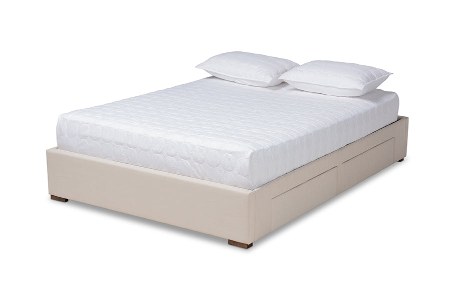 baxton studio leni modern and contemporary beige fabric upholstered 4 drawer king size platform storage bed frame | Modish Furniture Store-2