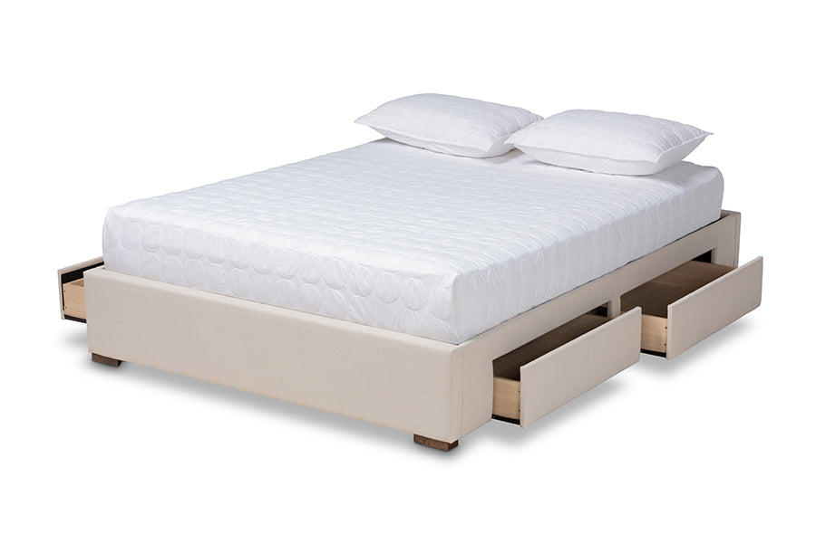 baxton studio leni modern and contemporary beige fabric upholstered 4 drawer king size platform storage bed frame | Modish Furniture Store-3