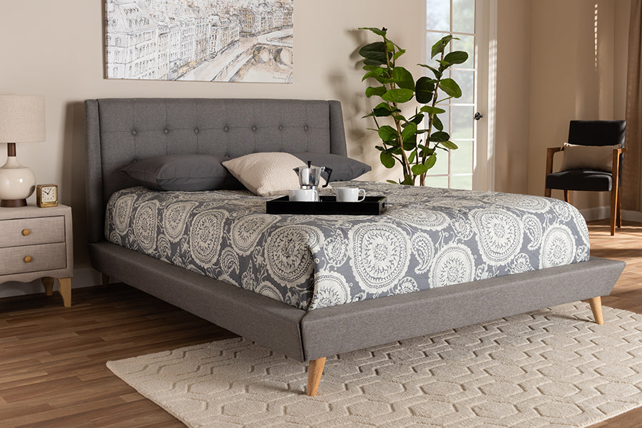 Baxton Studio Naya Mid-Century Modern Grey Fabric Upholstered Queen Size Wingback Platform Bed | Modishstore | Beds