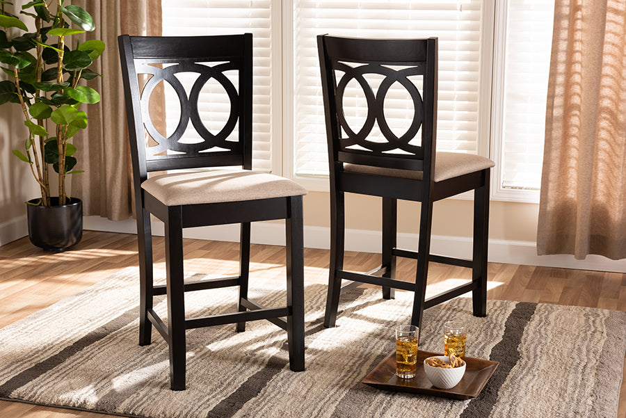 Baxton Studio Lenoir Modern and Contemporary Sand Fabric Upholstered Espresso Brown Finished Wood Counter Height Pub Chair Set of 2 | Modishstore | Dining Chairs