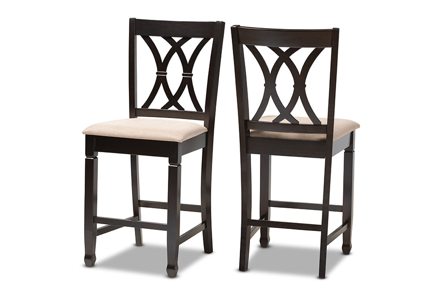 Baxton Studio Reneau Modern and Contemporary Sand Fabric Upholstered Espresso Brown Finished Wood Counter Height Pub Chair Set of 2 | Modishstore | Dining Chairs - 4