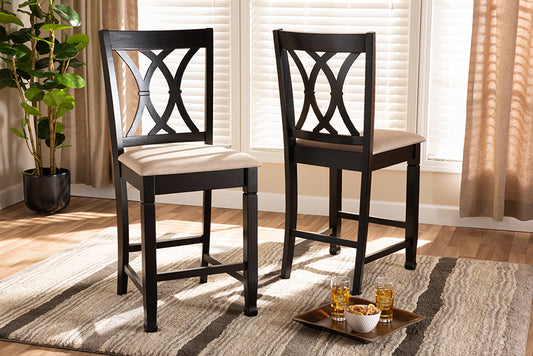 Baxton Studio Reneau Modern and Contemporary Sand Fabric Upholstered Espresso Brown Finished Wood Counter Height Pub Chair Set of 2 | Modishstore | Dining Chairs