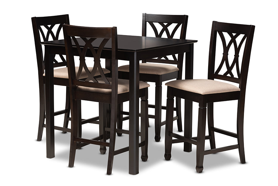baxton studio reneau modern and contemporary sand fabric upholstered espresso brown finished 5 piece wood pub set | Modish Furniture Store-2