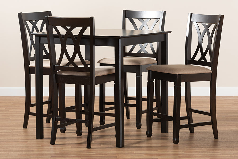Baxton Studio Reneau Modern and Contemporary Sand Fabric Upholstered Espresso Brown Finished 5-Piece Wood Pub Set | Modishstore | Dining Sets