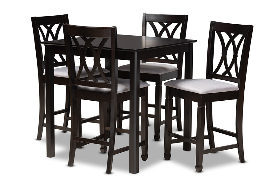 baxton studio reneau modern and contemporary gray fabric upholstered espresso brown finished 5 piece wood pub set | Modish Furniture Store-2