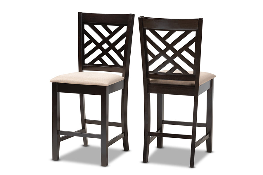 Baxton Studio Caron Modern and Contemporary Sand Fabric Upholstered Espresso Brown Finished Wood Counter Height Pub Chair Set of 2 | Modishstore | Dining Chairs - 4