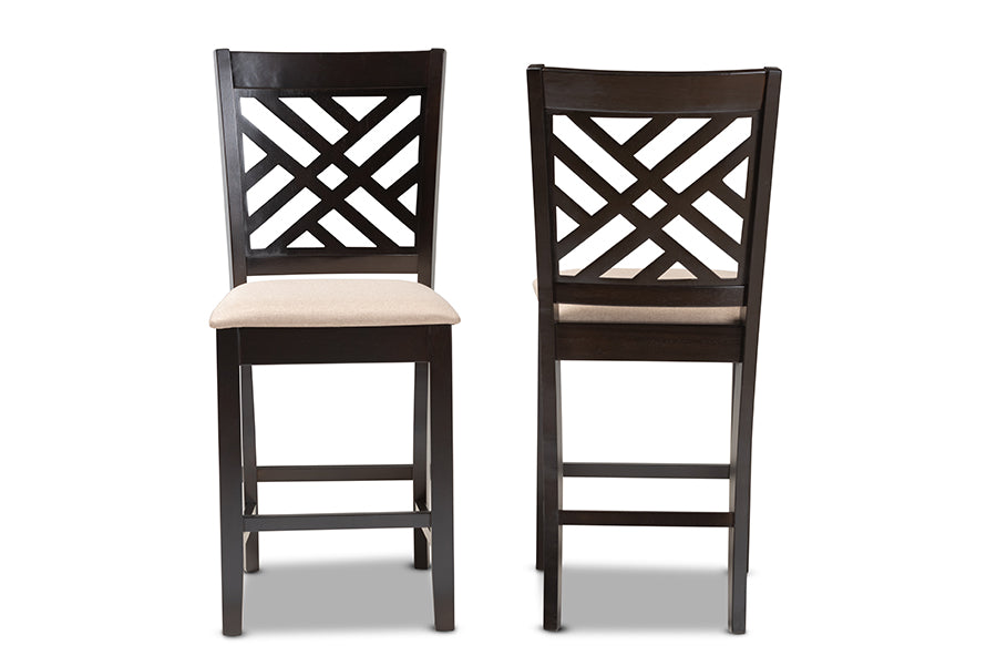 Baxton Studio Caron Modern and Contemporary Sand Fabric Upholstered Espresso Brown Finished Wood Counter Height Pub Chair Set of 2 | Modishstore | Dining Chairs - 3