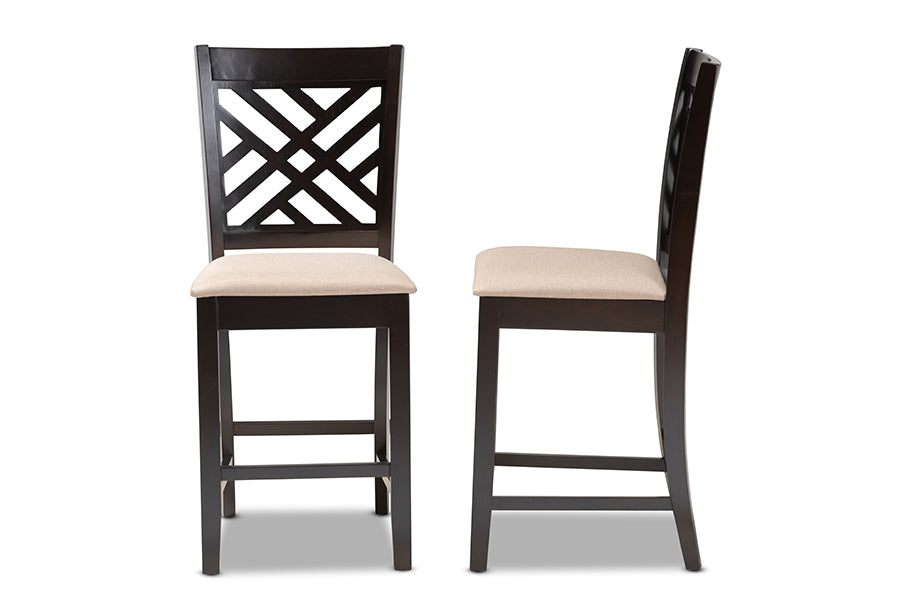 Baxton Studio Caron Modern and Contemporary Sand Fabric Upholstered Espresso Brown Finished Wood Counter Height Pub Chair Set of 2 | Modishstore | Dining Chairs - 2