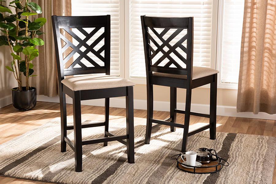 Baxton Studio Caron Modern and Contemporary Sand Fabric Upholstered Espresso Brown Finished Wood Counter Height Pub Chair Set of 2 | Modishstore | Dining Chairs