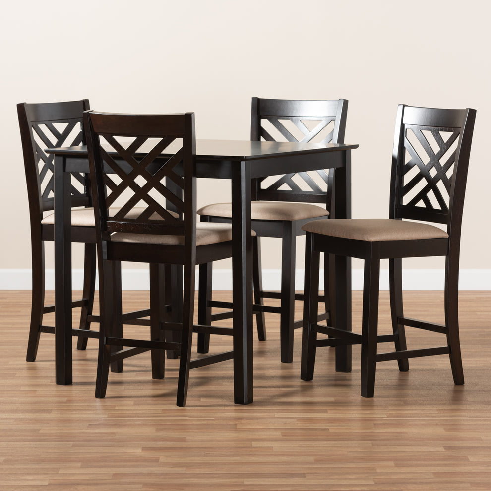 Baxton Studio Caron Modern and Contemporary Sand Fabric Upholstered Espresso Brown Finished 5-Piece Wood Pub Set | Dining Sets | Modishstore