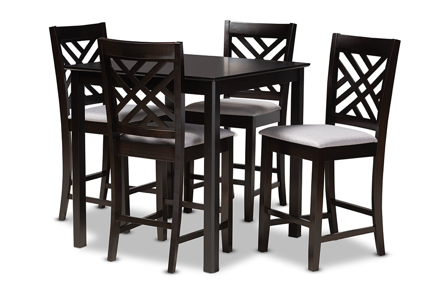 baxton studio caron modern and contemporary gray fabric upholstered espresso brown finished 5 piece wood pub set | Modish Furniture Store-2