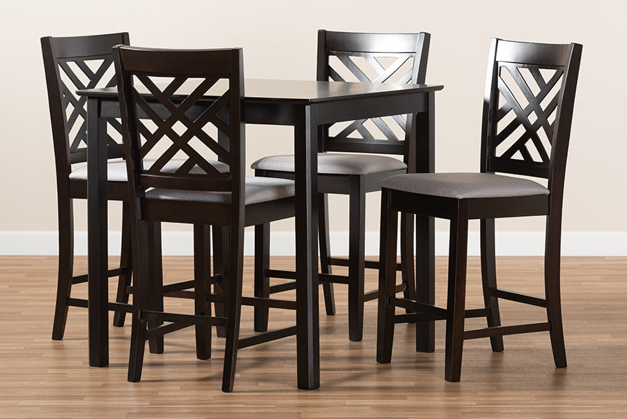 Baxton Studio Caron Modern and Contemporary Gray Fabric Upholstered Espresso Brown Finished 5-Piece Wood Pub Set | Modishstore | Dining Sets
