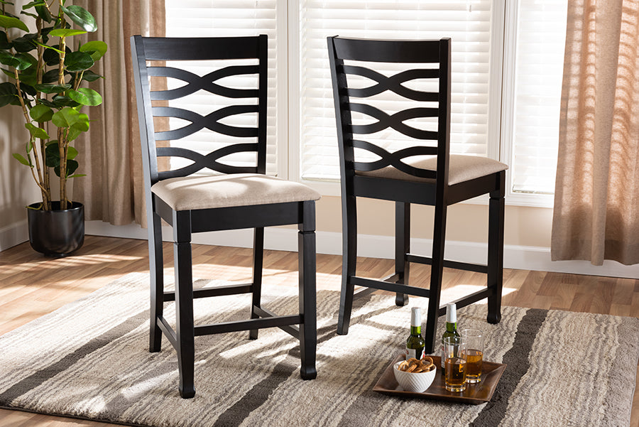 Baxton Studio Lanier Modern and Contemporary Sand Fabric Upholstered Espresso Brown Finished Wood Counter Height Pub Chair Set of 2 | Modishstore | Dining Chairs