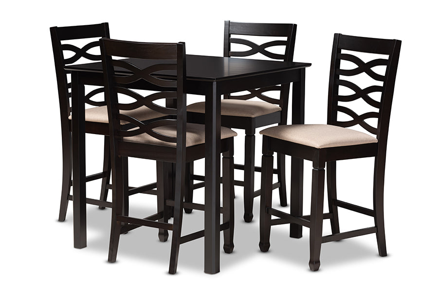 baxton studio lanier modern and contemporary sand fabric upholstered espresso brown finished 5 piece wood pub set | Modish Furniture Store-2