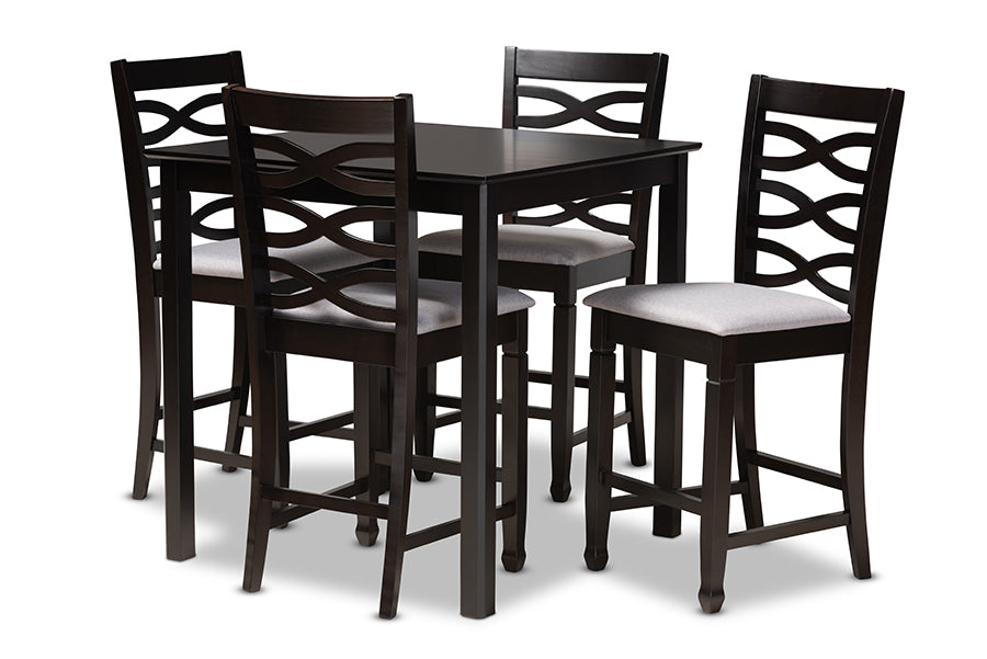 baxton studio lanier modern and contemporary gray fabric upholstered espresso brown finished 5 piece wood pub set | Modish Furniture Store-2