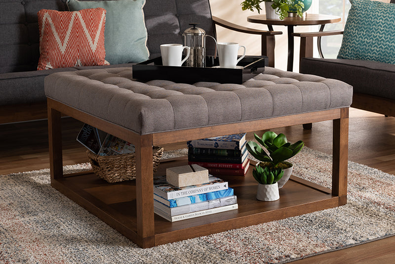 Baxton Studio Alvere Modern and Contemporary Grey Fabric Upholstered Walnut Finished Cocktail Ottoman | Modishstore | Ottomans