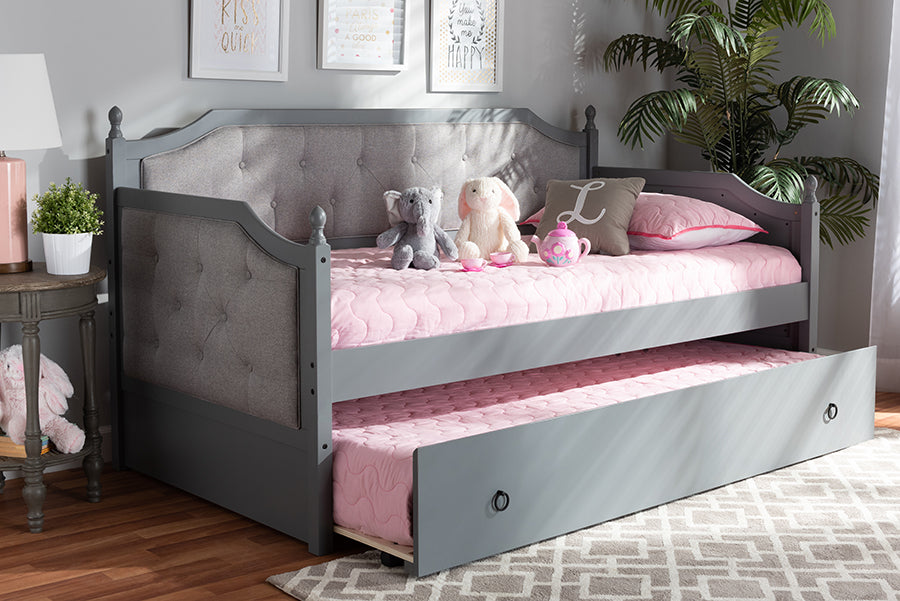 Baxton Studio Mara Classic and Traditional Grey Fabric Upholstered Grey Finished Wood Twin Size Daybed with Trundle | Modishstore | Beds