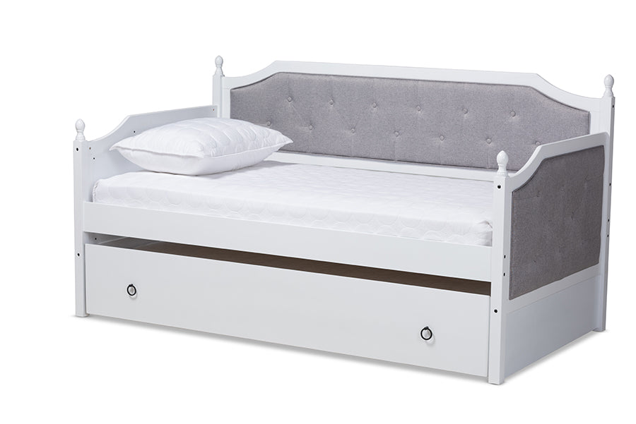 baxton studio mara classic and traditional grey fabric upholstered white finished wood twin size daybed with trundle | Modish Furniture Store-2