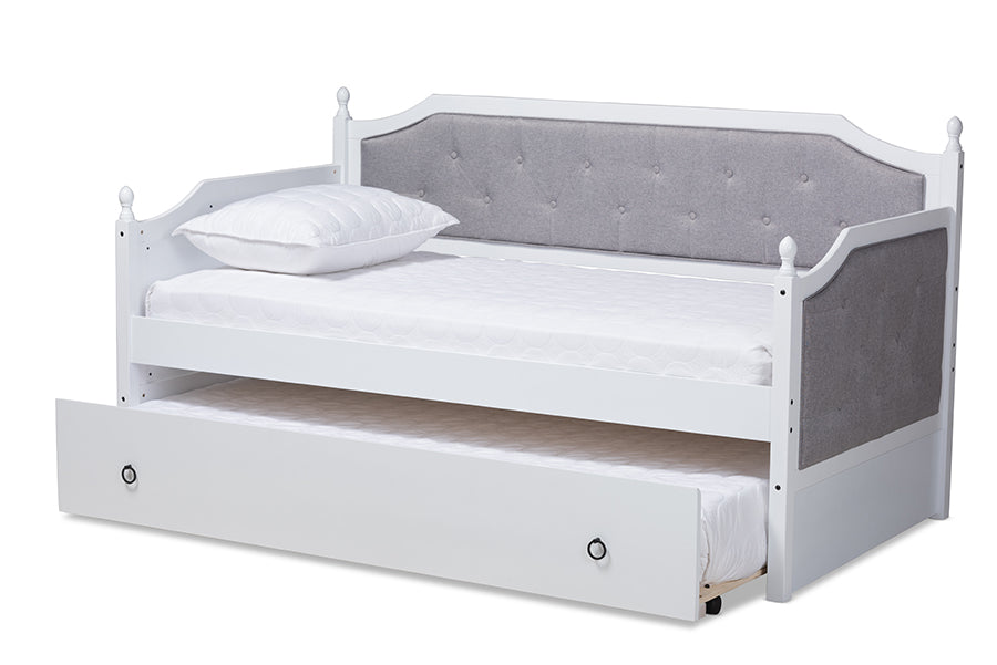 baxton studio mara classic and traditional grey fabric upholstered white finished wood twin size daybed with trundle | Modish Furniture Store-3