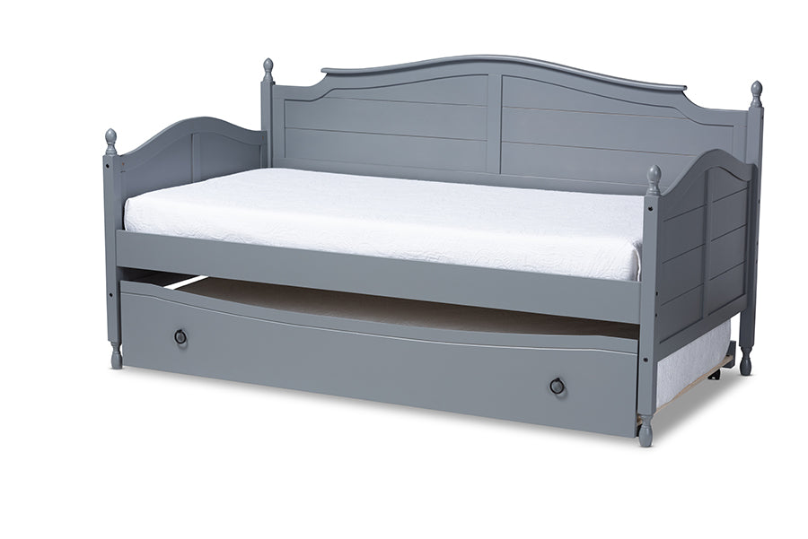 baxton studio mara cottage farmhouse grey finished wood twin size daybed with roll out trundle bed | Modish Furniture Store-2