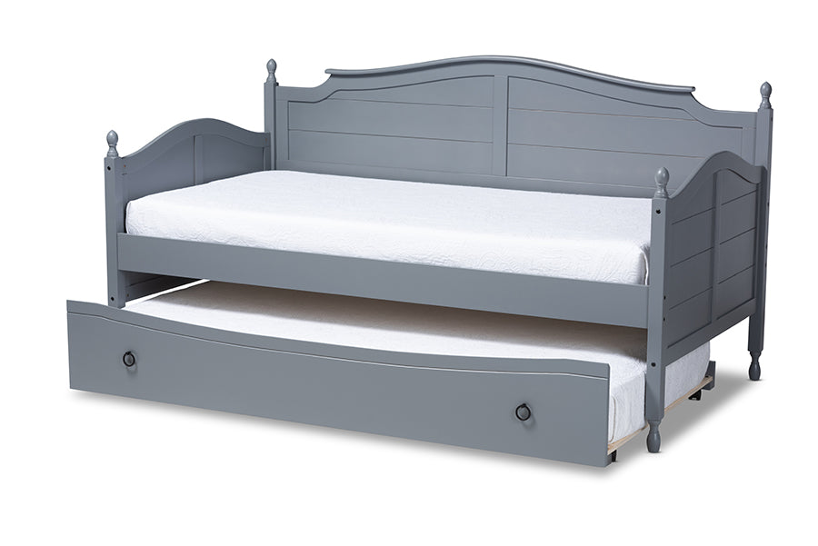 baxton studio mara cottage farmhouse grey finished wood twin size daybed with roll out trundle bed | Modish Furniture Store-3