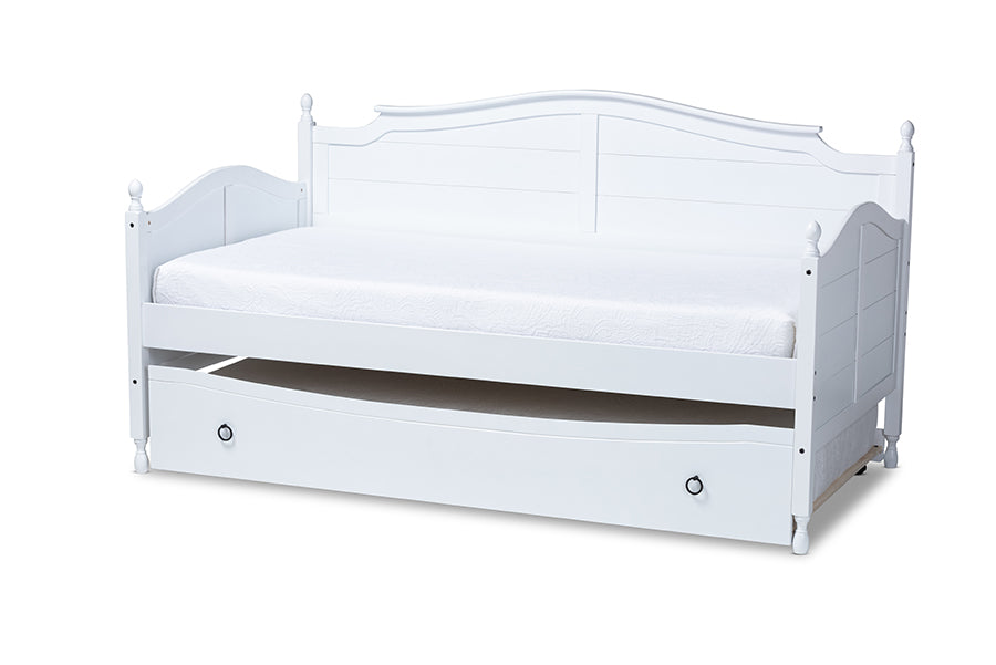baxton studio mara cottage farmhouse white finished wood twin size daybed with roll out trundle bed | Modish Furniture Store-2