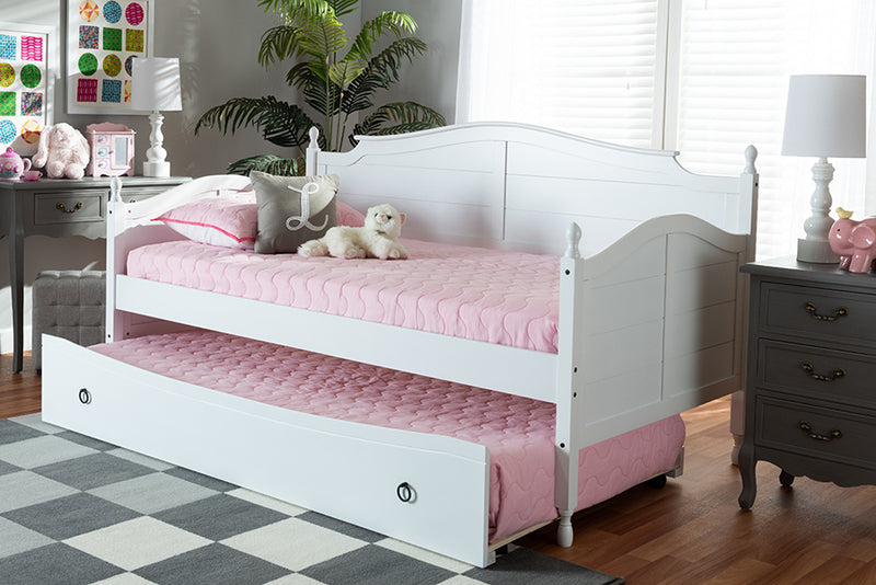 Baxton Studio Mara Cottage Farmhouse White Finished Wood Twin Size Daybed with Roll-Out Trundle Bed | Modishstore | Beds