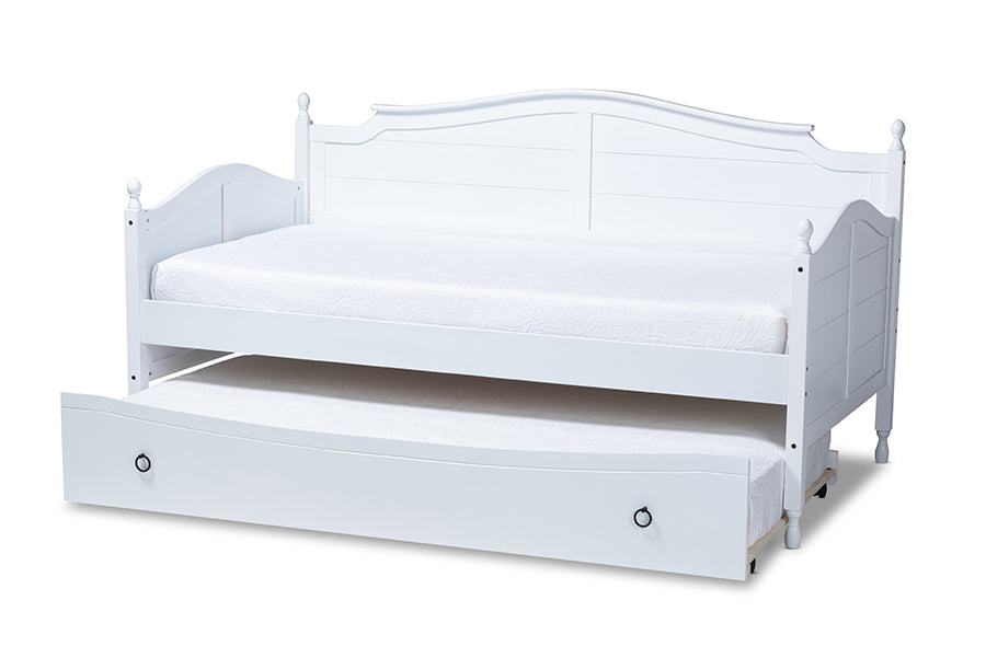 baxton studio mara cottage farmhouse white finished wood twin size daybed with roll out trundle bed | Modish Furniture Store-3