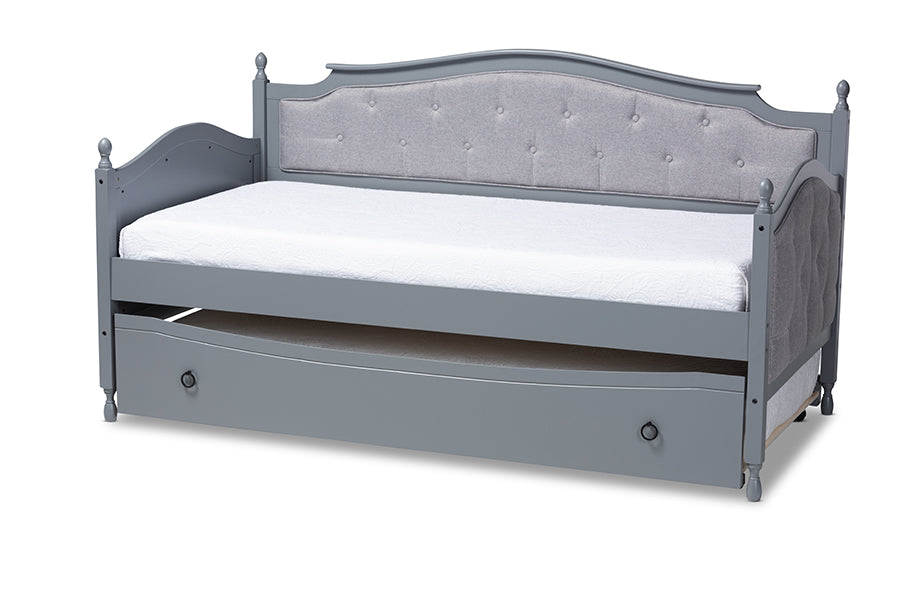 baxton studio marlie classic and traditional grey fabric upholstered grey finished wood twin size daybed with trundle | Modish Furniture Store-2