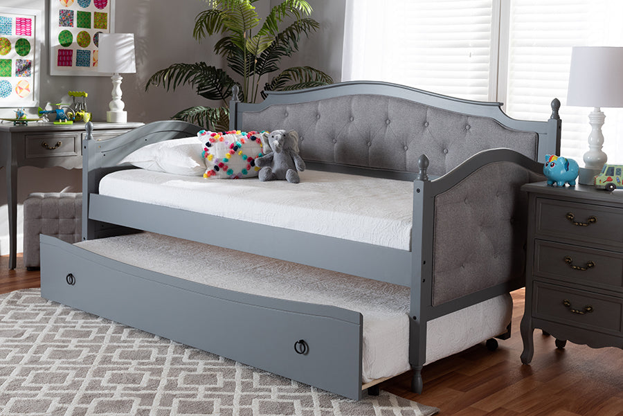 Baxton Studio Marlie Classic and Traditional Grey Fabric Upholstered Grey Finished Wood Twin Size Daybed with Trundle | Modishstore | Beds