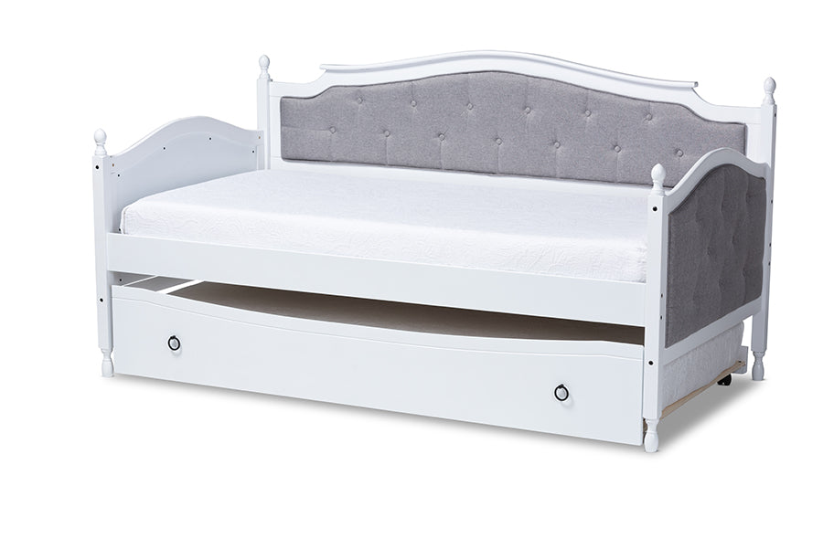 baxton studio marlie classic and traditional grey fabric upholstered white finished wood twin size daybed with trundle | Modish Furniture Store-2