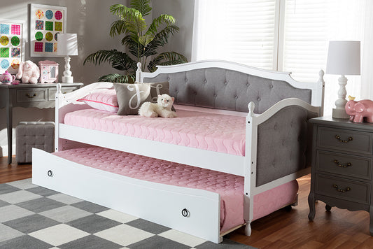Baxton Studio Marlie Classic and Traditional Grey Fabric Upholstered White Finished Wood Twin Size Daybed with Trundle | Modishstore | Beds
