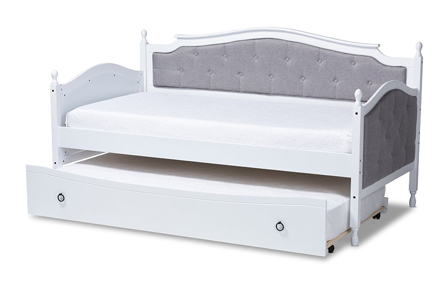 baxton studio marlie classic and traditional grey fabric upholstered white finished wood twin size daybed with trundle | Modish Furniture Store-3
