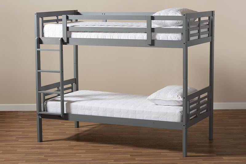 Baxton Studio Liam Modern and Contemporary Grey Finished Wood Twin Size Bunk Bed | Modishstore | Beds