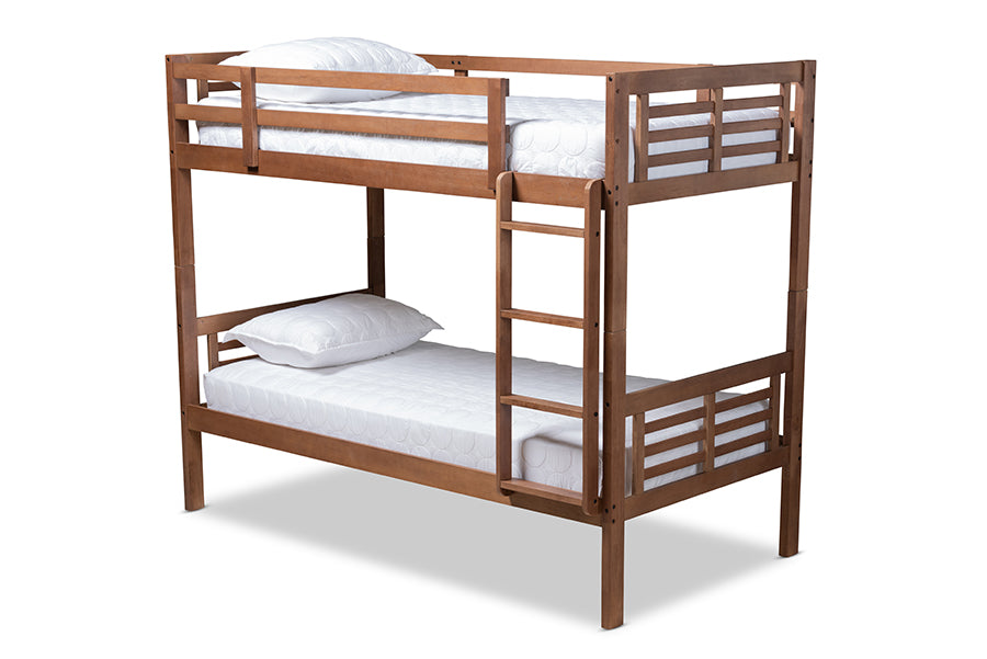 baxton studio liam modern and contemporary walnut brown finished wood twin size bunk bed | Modish Furniture Store-2
