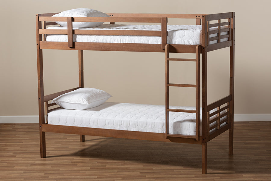 Baxton Studio Liam Modern and Contemporary Walnut Brown Finished Wood Twin Size Bunk Bed | Modishstore | Beds