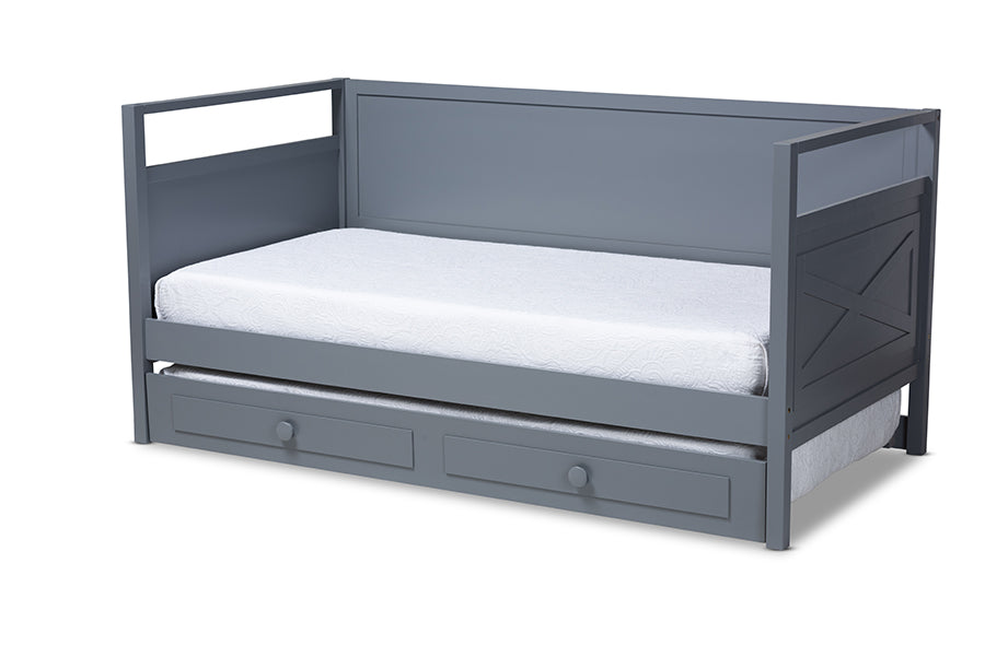 baxton studio cintia cottage farmhouse grey finished wood twin size daybed with trundle | Modish Furniture Store-2