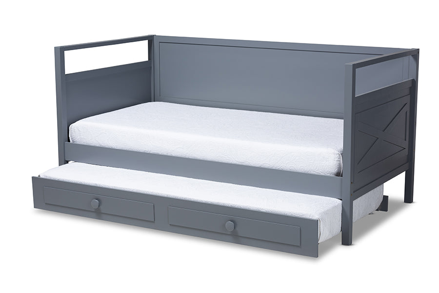 baxton studio cintia cottage farmhouse grey finished wood twin size daybed with trundle | Modish Furniture Store-3