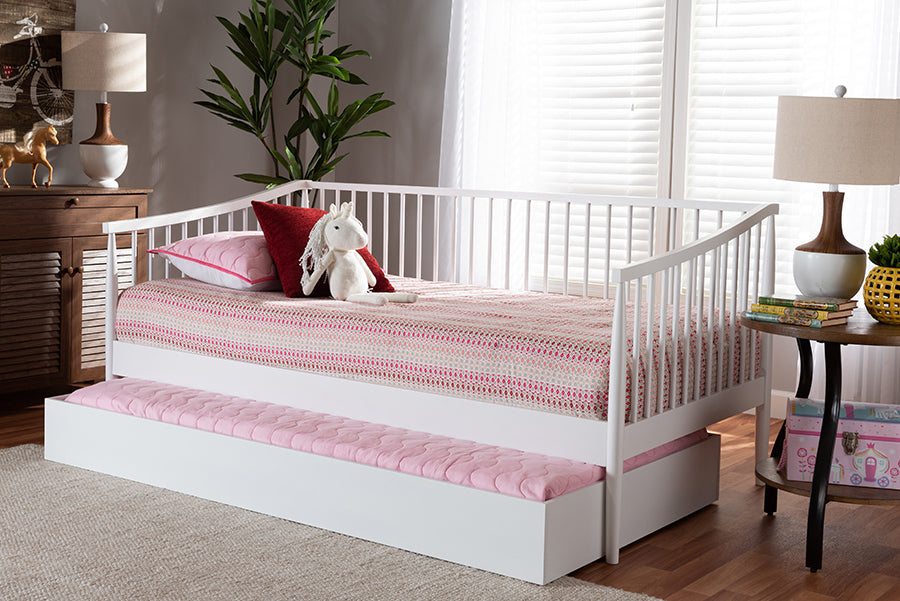 Baxton Studio Renata Classic and Traditional White Finished Wood Twin Size Spindle Daybed with Trundle | Daybeds | Modishstore - 2