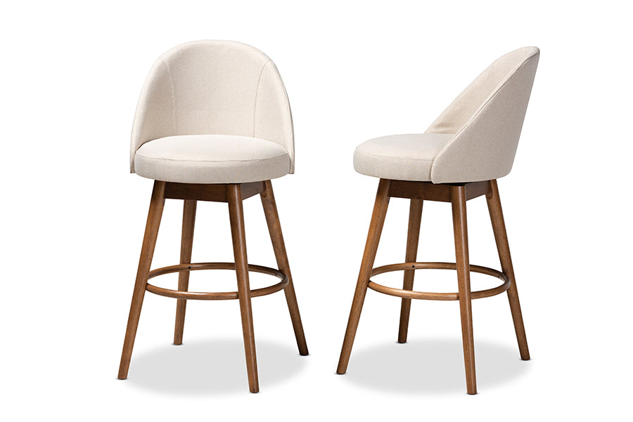 Baxton Studio Carra Mid-Century Modern Light Beige Fabric Upholstered Walnut-Finished Wood Swivel Bar Stool Set of 2 | Bar Stools | Modishstore - 5